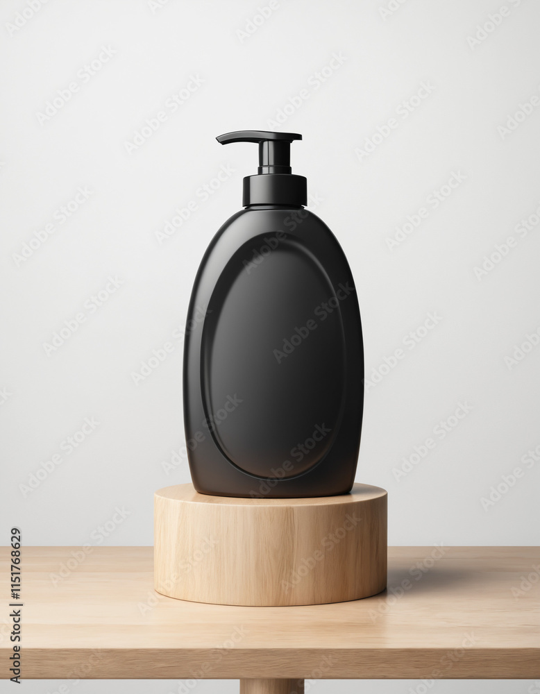 Obraz premium Sleek black dispenser bottle on a wooden stand, showcasing minimalist product design for liquid soap or lotion, Ai generated images