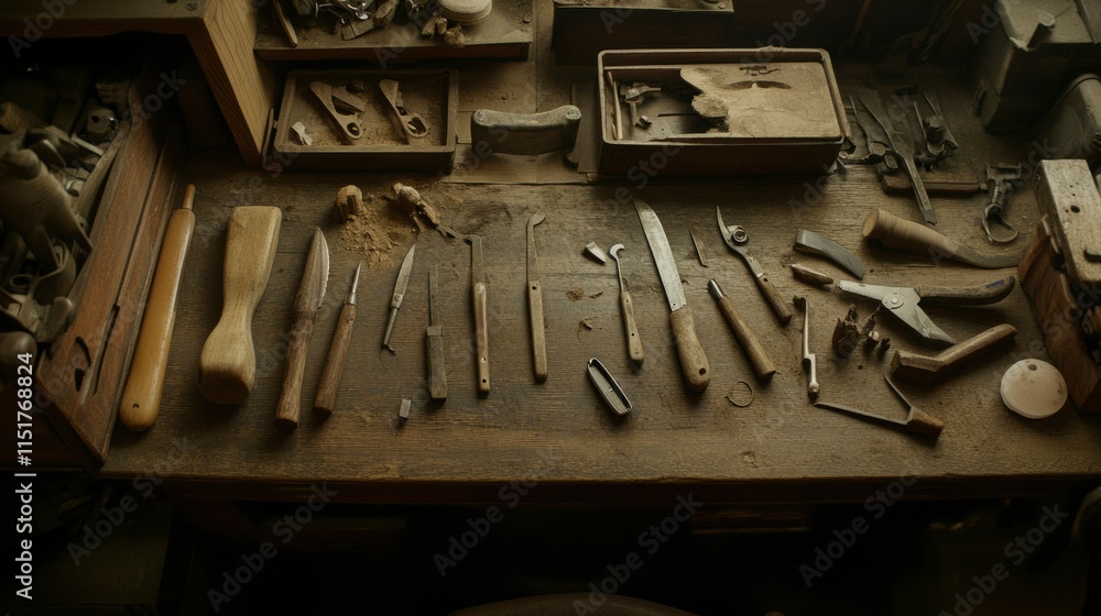 Fototapeta premium Antique Woodworking Tools Arranged On A Dusty Workbench