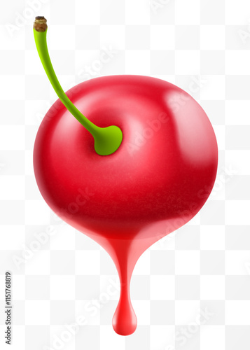 Fresh cherry juice dripping from half of cherry berry, isolated on transparent background. Ripe cherry with fresh juice. Bright summer design. Realistic 3d vector illustration