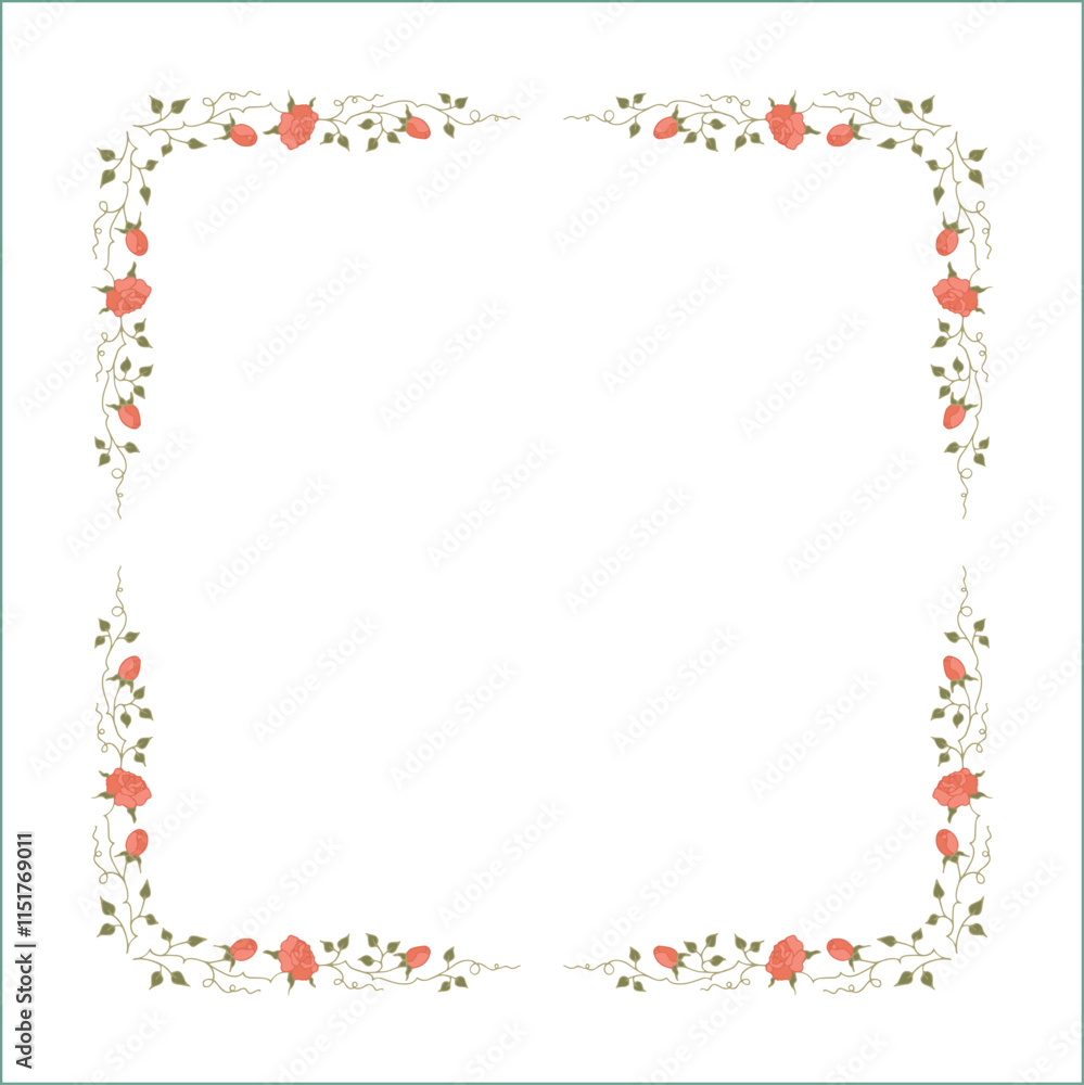 Green vegetal frame with pink orange flowers, rose thorns, climbing, decorative corners for greeting cards, banners, business cards, invitations, menus. Isolated vector illustration.
Green vegetal frame with pink orange flowers, rose thorns, climbing, decorative corners for greeting cards, banners, business cards, invitations, menus. Isolated vector illustration.
