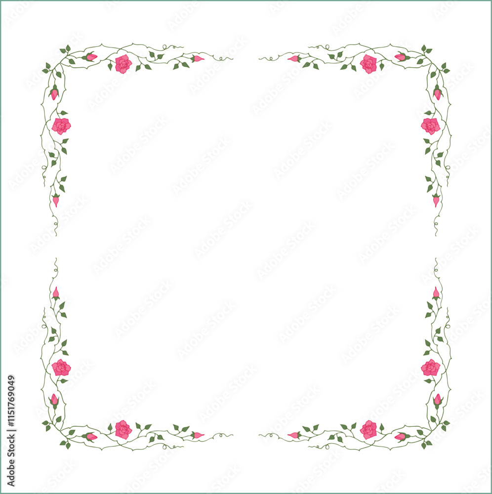 Green vegetal frame with pink rose flowers, rose thorns, climbing, decorative corners for greeting cards, banners, business cards, invitations, menus. Isolated vector illustration.	
