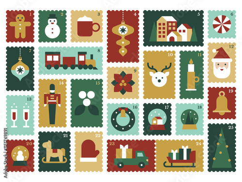 Classic Christmas Advent Calendar Stamps with Traditional Holiday Symbols