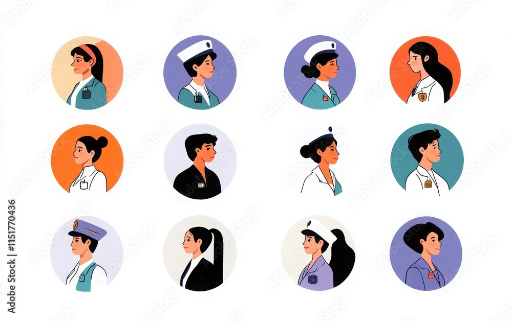 Fototapeta premium A collection of round avatar icons showing men and women in office uniforms, with each person depicted on a white background.