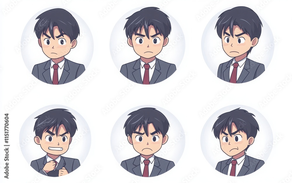 A set of circular icons featuring an office worker in a suit, illustrated in a Japanese manga style. A set of circular icons featuring an office worker in a suit, illustrated in a Japanese manga style.