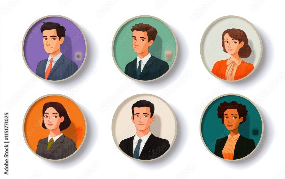 Set of round avatar icons featuring business people in office uniforms, including both men and women. Set of round avatar icons featuring business people in office uniforms, including both men and women.