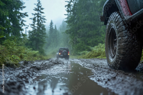 Off-road vehicles navigate a muddy forest trail in heavy rain near a misty mountain landscape