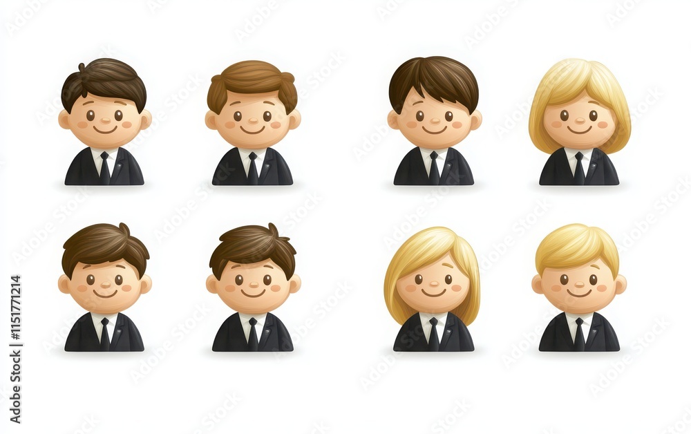 Set of smiling business avatar icons, showing people with different hairstyles like short brown hair and long blonde hair, wearing formal suits and ties. Set of smiling business avatar icons, showing people with different hairstyles like short brown hair and long blonde hair, wearing formal suits and ties.
