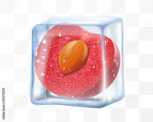 Fresh ripe cherry in ice cube isolated on transparent background. Frozen tasty juicy cherry, realistic 3d vector illustration. Bright summer refreshing design