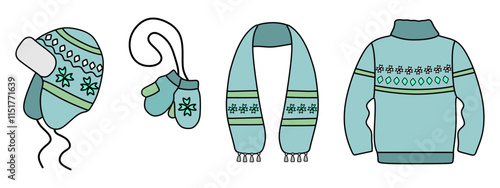 Set of cozy warm winter clothes: hat, mittens, knitted sweater and scarf. Vector illustration on white background.