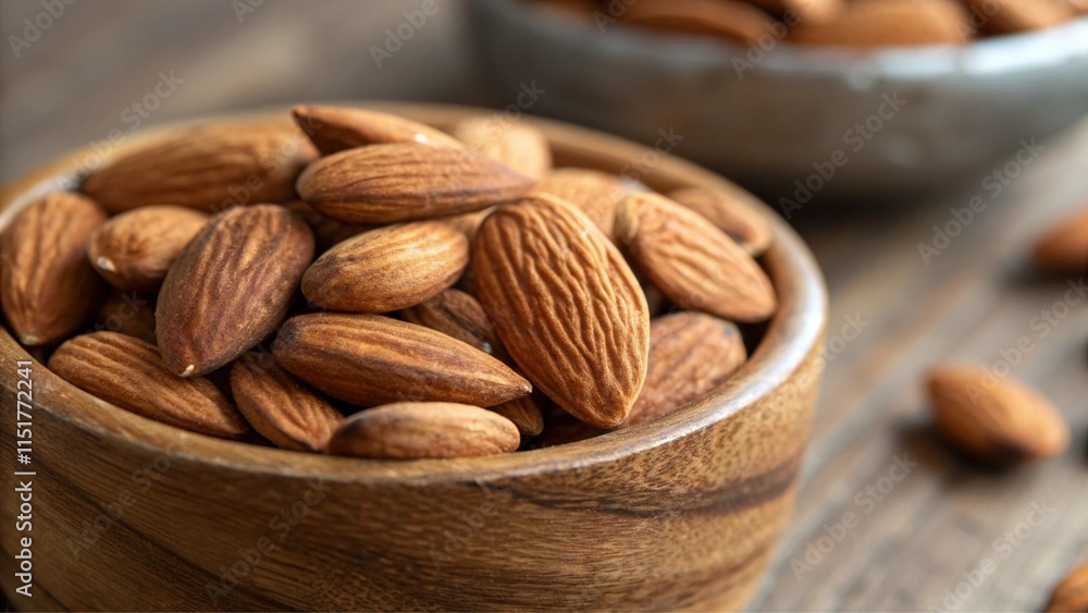 Raw Almonds Nuts in Wooden Bowl, Healthy Snack, Vegan Vegetarian Protein Source Raw Almonds Nuts in Wooden Bowl, Healthy Snack, Vegan Vegetarian Protein Source