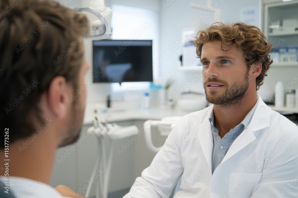 A young dentist attentively consults with a patient in a bright, modern dental office, showcasing professionalism and a welcoming atmosphere for dental care. A young dentist attentively consults with a patient in a bright, modern dental office, showcasing professionalism and a welcoming atmosphere for dental care.