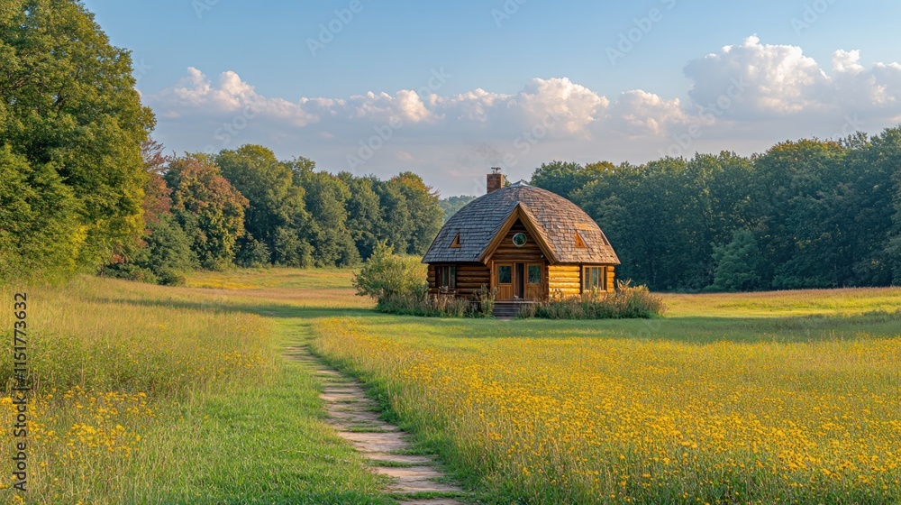 Quaint cabin with thatched roof in meadow, trail leading to it, under cloudy sky. Quaint cabin with thatched roof in meadow, trail leading to it, under cloudy sky.