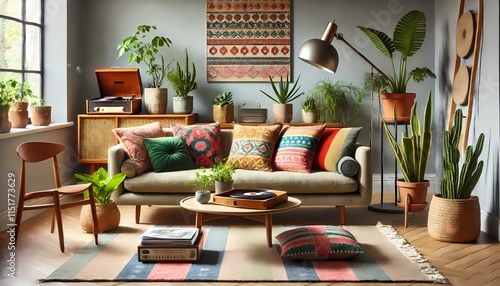 A cozy and stylish living room featuring vibrant cushions, a vintage record player on a wooden stand, lush green houseplants, and warm ambient lighting
