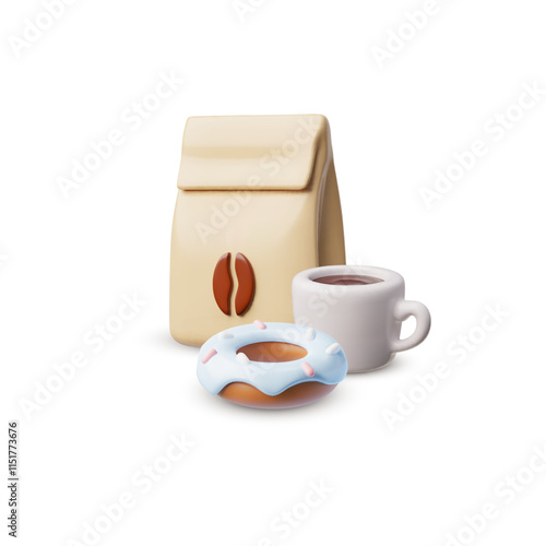 3d illustration with the image of a paper bag with coffee beans, a cup with coffee and a donut.