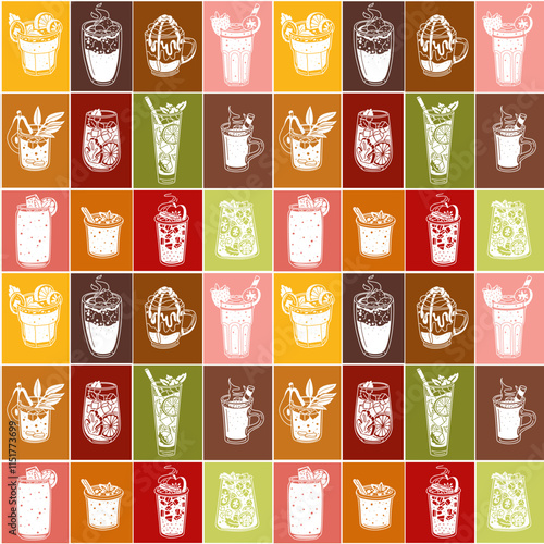 pattern with multicolored drinks in a square. Seamless texture of drinks for bar, restaurant. Glasses arranged in rows. Silhouettes of glasses in geometric shape. Printing for menu packaging, paper