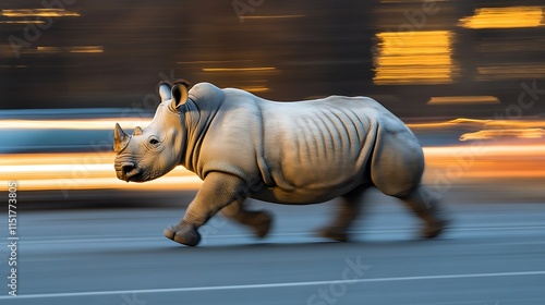 A white rhino runs across a city street at night, blurred lights streak behind it.