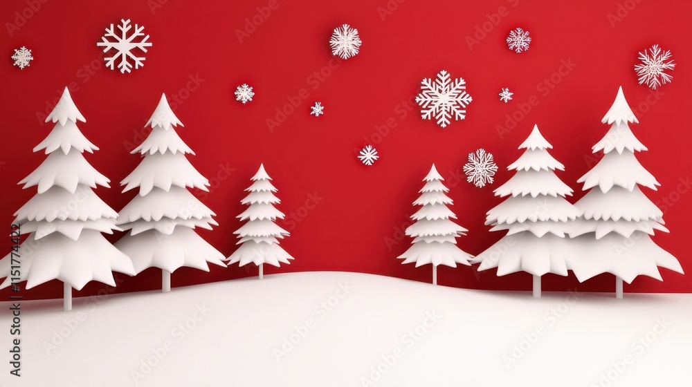 Fototapeta premium A minimalist 3D winter scene featuring white snow-covered trees arranged on rolling hills against a vibrant red background. Decorative white snowflakes of various sizes are scattered 