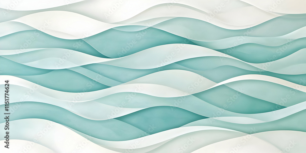 Fototapeta premium Abstract waves in soft teal and white create a calming, fluid design.