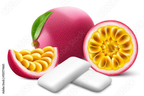 Bubble gum with an passion fruit flavor. Pads of bubble gum spearmint for fresh breathing. Chewing gums for healthy teeth and dental hygiene. Refreshing candy. Realistic 3D vector illustration