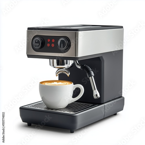 Espresso Machine in Modern Kitchen, Barista Preparing Espresso, Espresso Machine with Coffee Cup and Saucer photo