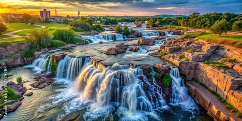 Experience the raw power of Sioux Falls' waterfall from above.  Stunning aerial photography reveals its cascading splendor.