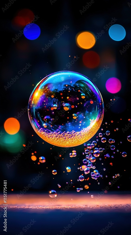 A soap bubble floats in the air with multicolored lights in the background against a black backdrop A soap bubble floats in the air with multicolored lights in the background against a black backdrop