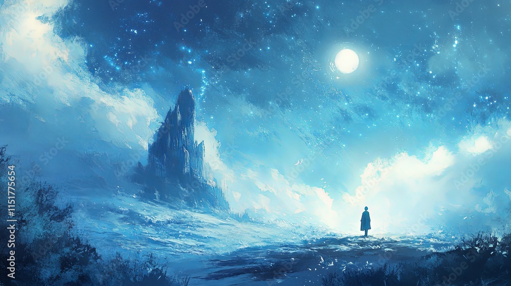 A captivating and enigmatic landscape illuminated by the glow of a full moon features a solitary figure standing near a timeworn ancient castle A captivating and enigmatic landscape illuminated by the glow of a full moon features a solitary figure standing near a timeworn ancient castle