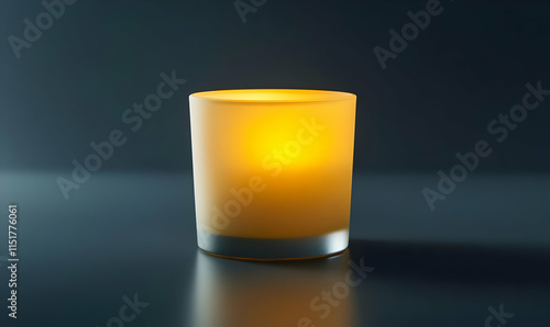 A glowing candle in a frosted glass holder, creating a warm ambiance.