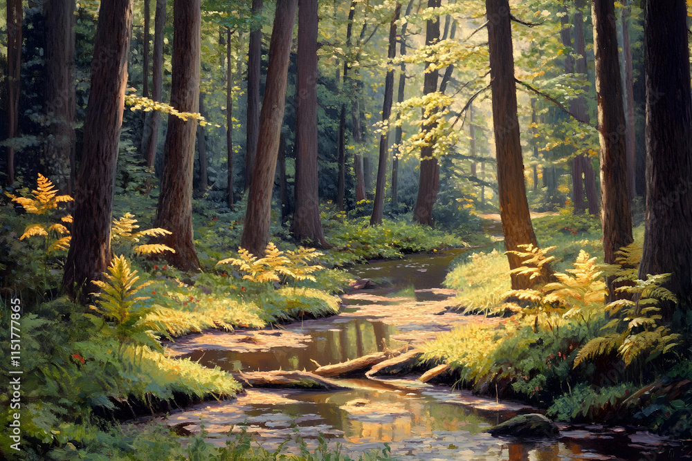 A serene forest scene with a stream, sunlight filtering through trees, and lush greenery. A serene forest scene with a stream, sunlight filtering through trees, and lush greenery.