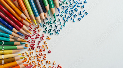 Colorful Wax Crayon Alphabet with Wooden Pencils on White Background photo