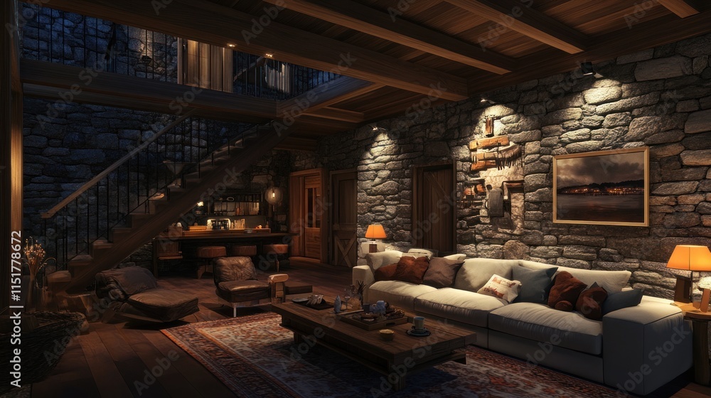 Fototapeta premium Rustic Mountain Lodge Living Room Interior Design