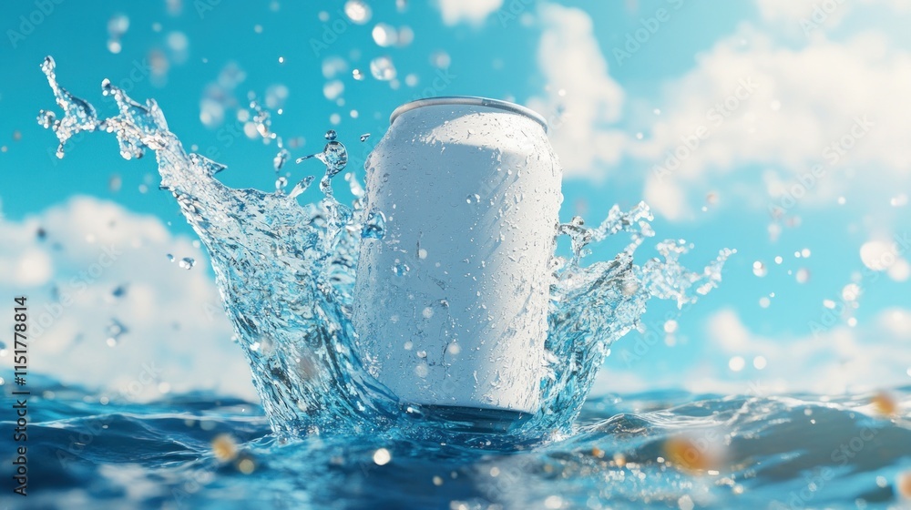 White can splashing into blue water. White can splashing into blue water.