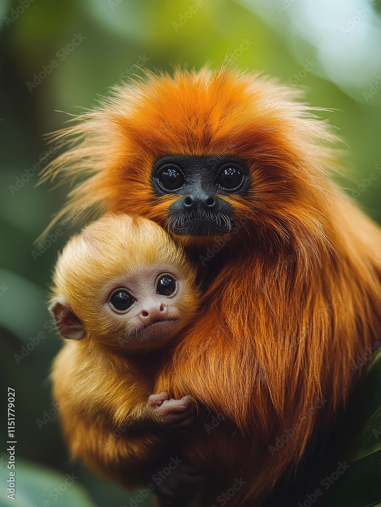 Golden lion tamarin mother embracing its baby in lush rainforest Golden lion tamarin mother embracing its baby in lush rainforest