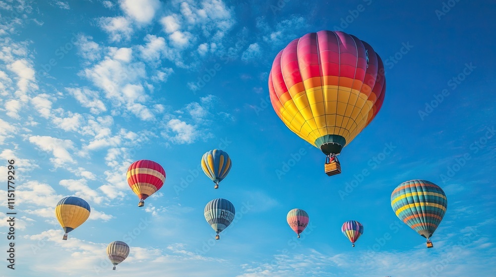 A backdrop of blue skies with colorful air balloons A backdrop of blue skies with colorful air balloons
