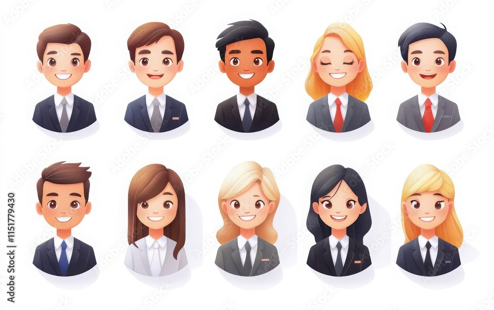 A set of business avatar icons featuring smiling men and women with various hairstyles, such as short brown hair and long, straight blonde hair. A set of business avatar icons featuring smiling men and women with various hairstyles, such as short brown hair and long, straight blonde hair.