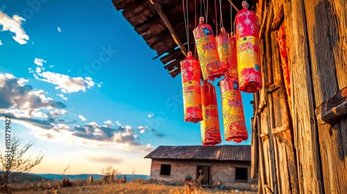 Colorful Firecrackers Hanging from Wooden House