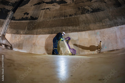 Male worker inspection floor scan tank external floating of rust wall lose thickness bottom plate in manhole tank to work inside photo