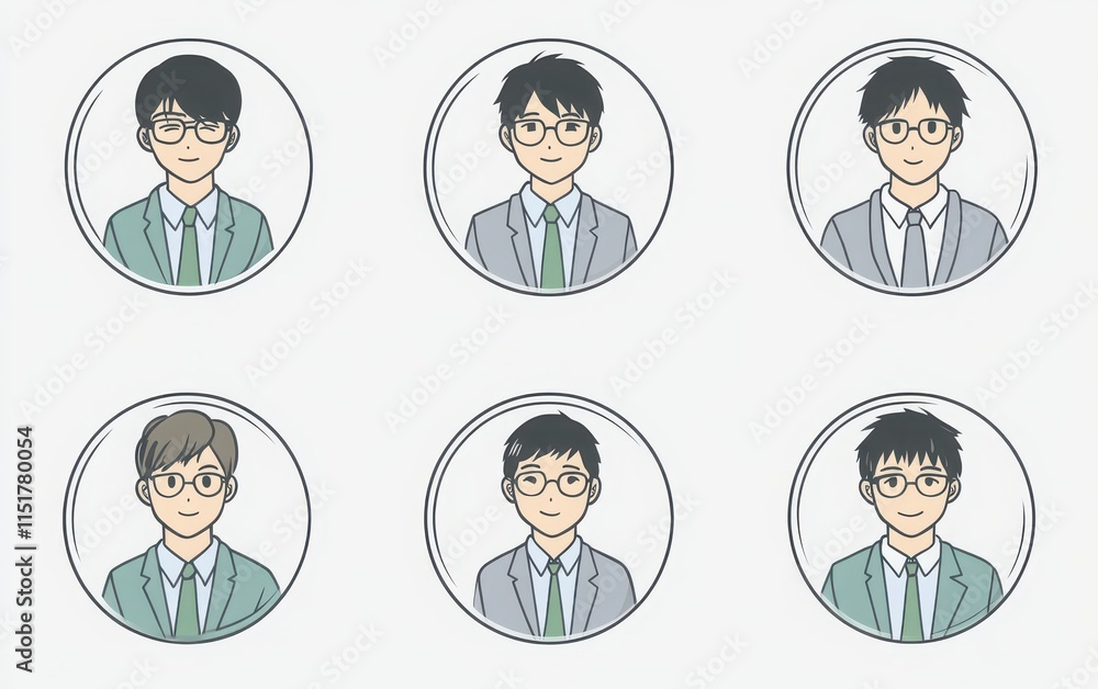 Round portrait icons of Japanese high school students, each with short hair, glasses, and wearing a light blue shirt, grey tie, and green jacket. Round portrait icons of Japanese high school students, each with short hair, glasses, and wearing a light blue shirt, grey tie, and green jacket.