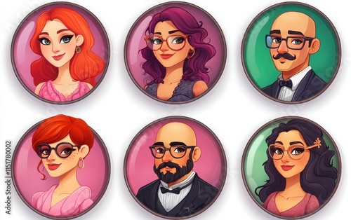 Wallpaper Mural Round portrait avatar icons featuring a variety of people in vector flat style, including a woman with red hair in a pink dress Torontodigital.ca