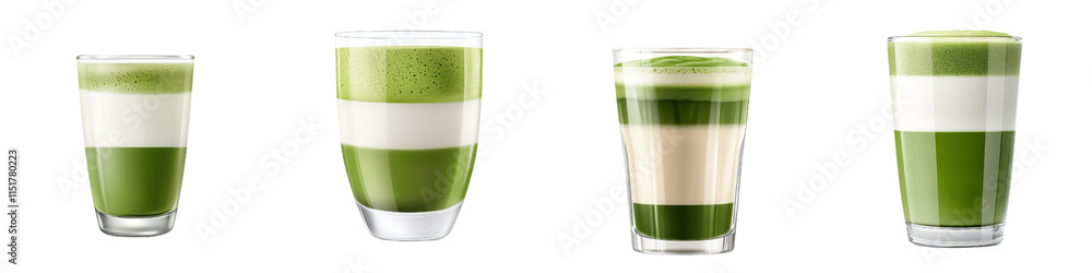 Frothy matcha lattes in clear glasses showcase vibrant green layers Frothy matcha lattes in clear glasses showcase vibrant green layers