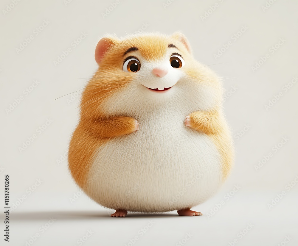 Adorable 3D rendered cartoon hamster, fluffy, round, happy expression. Adorable 3D rendered cartoon hamster, fluffy, round, happy expression.