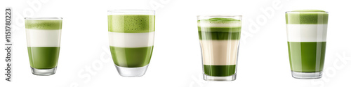 Frothy matcha lattes in clear glasses showcase vibrant green layers