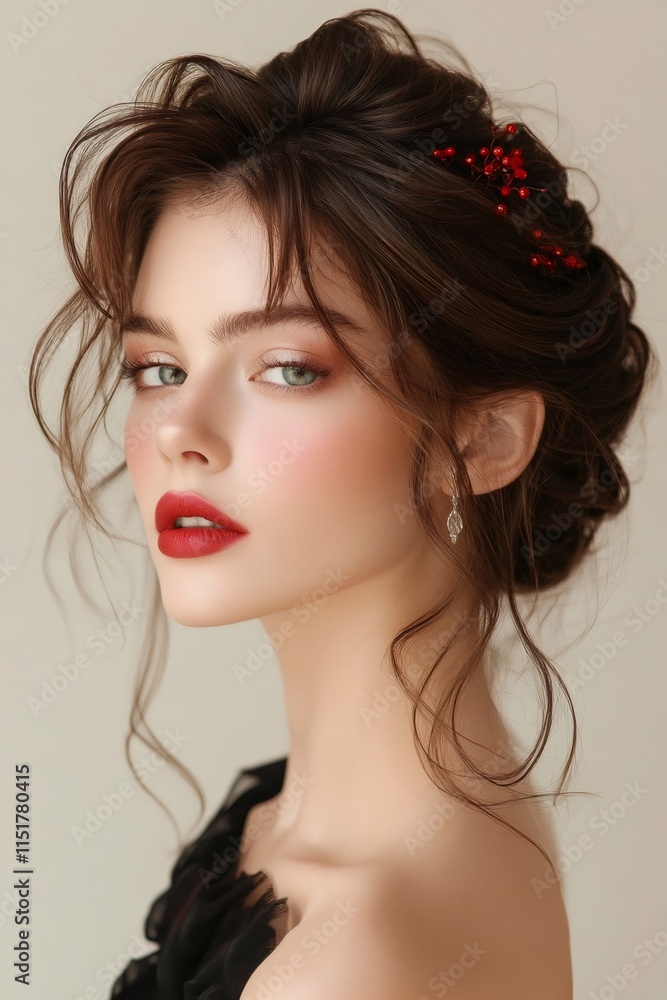 Fashion model posing with red lipstick and hair accessory Fashion model posing with red lipstick and hair accessory