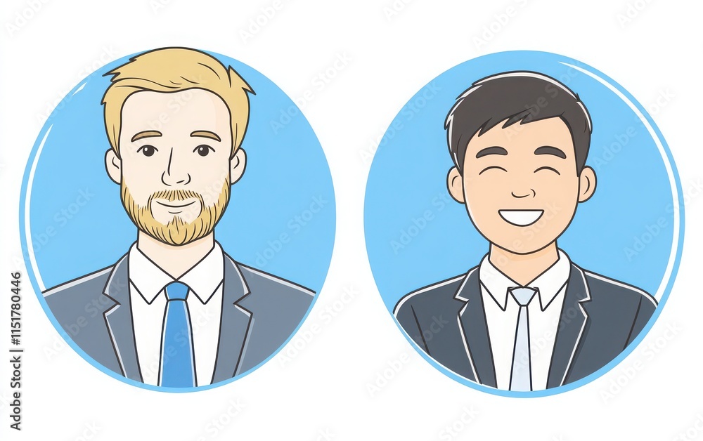 Simple line illustration avatar icons for business people, including a man with short brown hair, a blonde beard, in a suit and tie Simple line illustration avatar icons for business people, including a man with short brown hair, a blonde beard, in a suit and tie