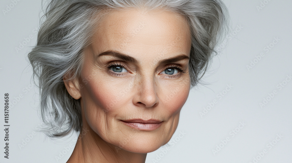 Naklejka premium Mature Woman Portrait with Radiant Skin and Silver Hair