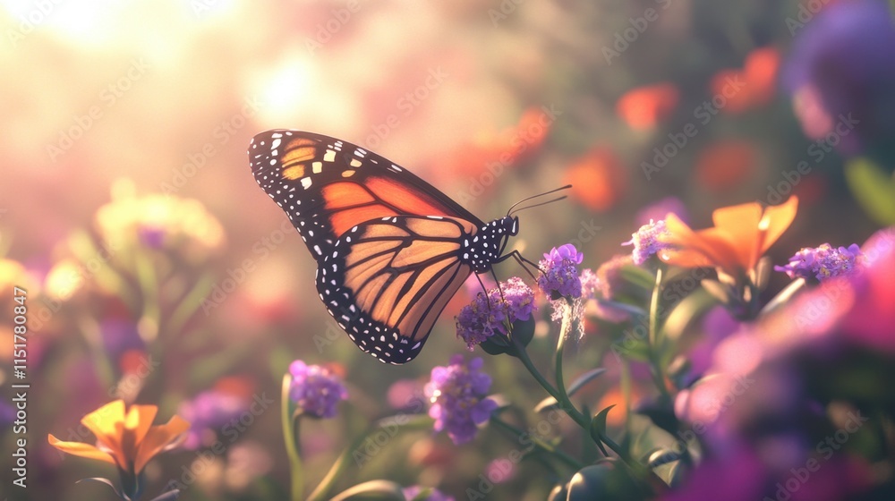 Obraz premium A close-up of a butterfly perched on a colorful flower, with a soft, out-of-focus garden background.