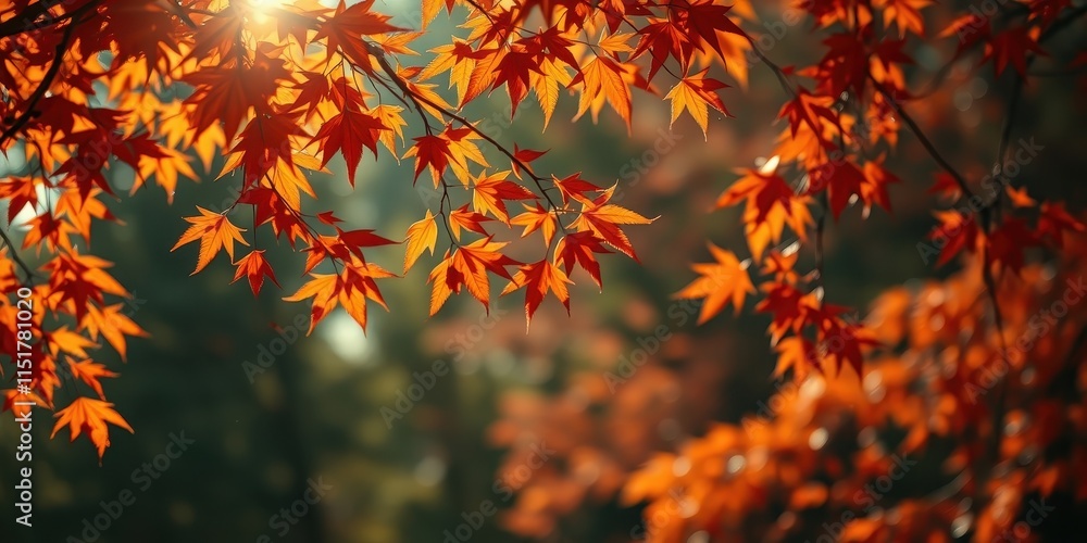Autumnal Sunlight Illuminates Vibrant Red Maple Leaves on Branch Autumnal Sunlight Illuminates Vibrant Red Maple Leaves on Branch