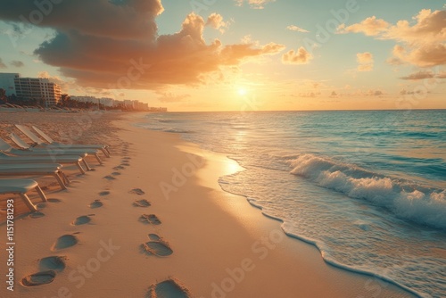 Golden sunrise illuminating sandy beach with footprints in cancun mexico photo