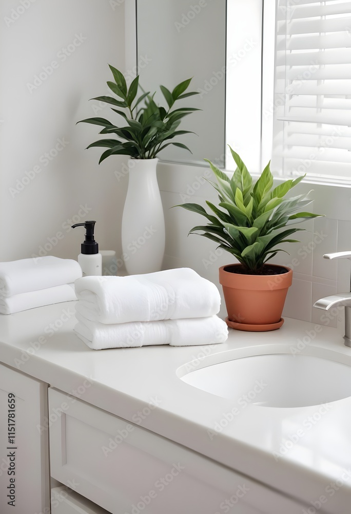 Minimalist Bathroom Decor with Towels, Soap Dispenser, and Potted Plant Minimalist Bathroom Decor with Towels, Soap Dispenser, and Potted Plant
