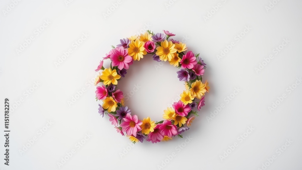 Floral Wreath of Vibrant Pink, Yellow, and Purple Flowers on White Background Floral Wreath of Vibrant Pink, Yellow, and Purple Flowers on White Background